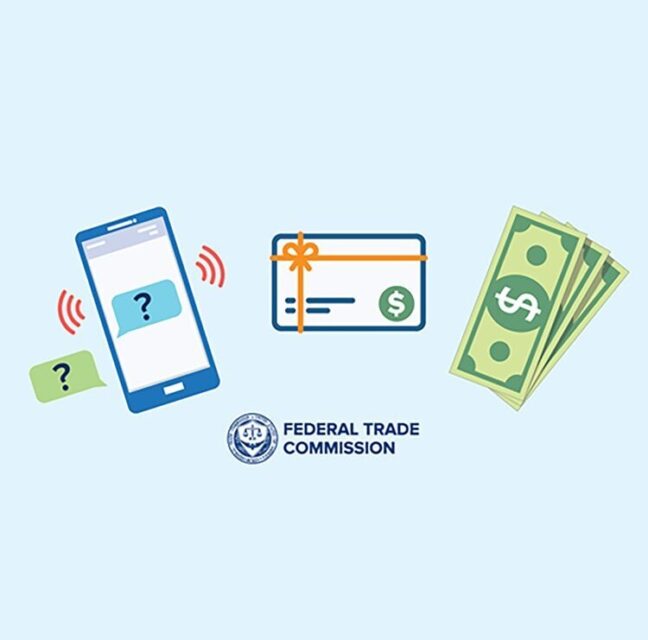 FTC graphic showing a phone with question-mark texts, a check and cash