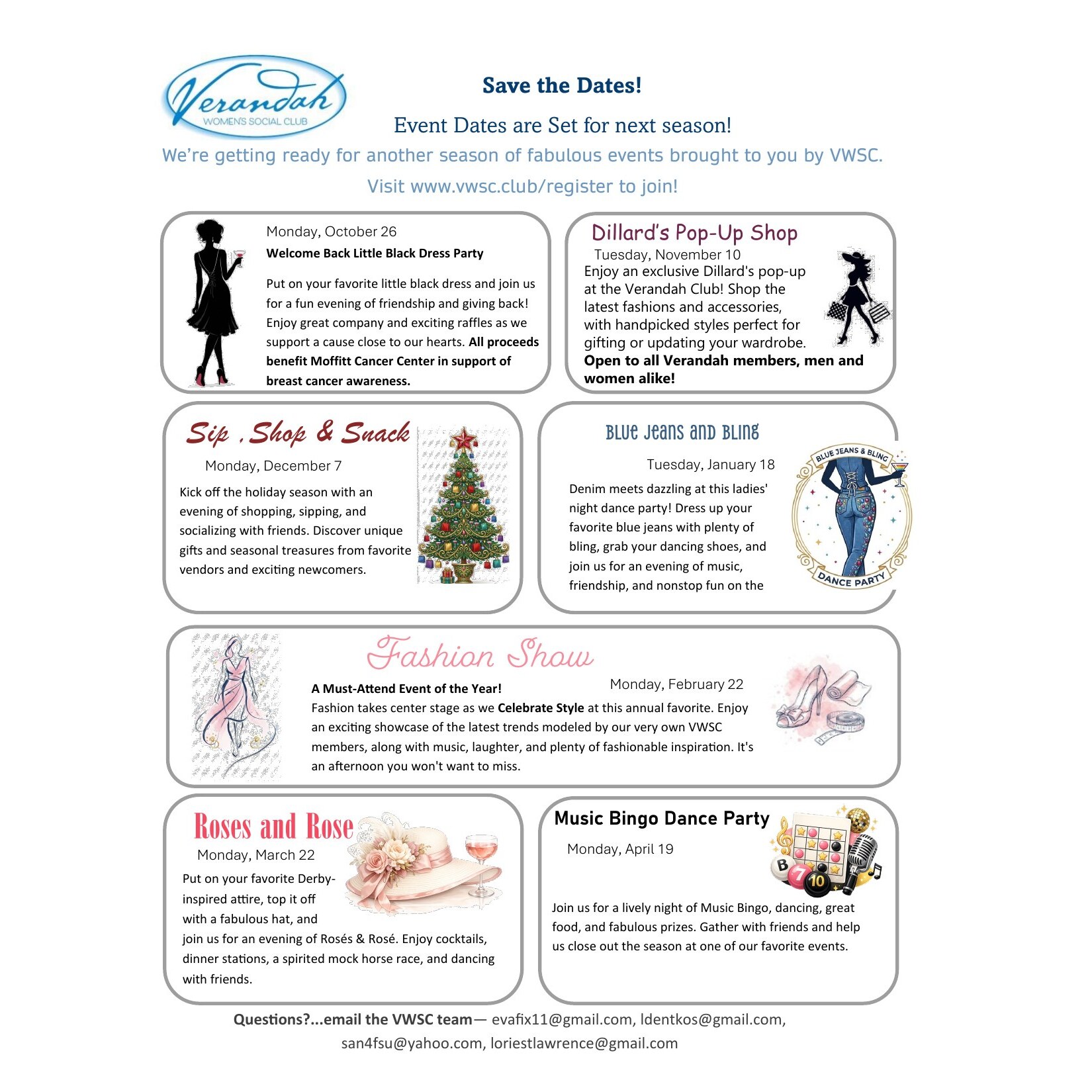 Verandah Women's Social Club 2026-27 season event dates flyer