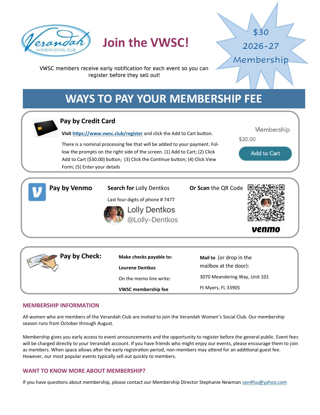 VWSC membership flyer with ways to pay the $30 2026-27 membership fee