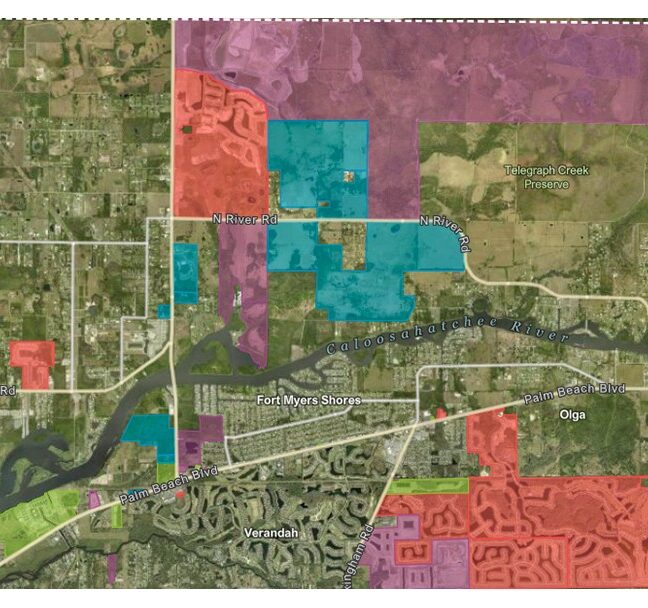Color-coded map of approved and proposed developments around Verandah in east Lee County