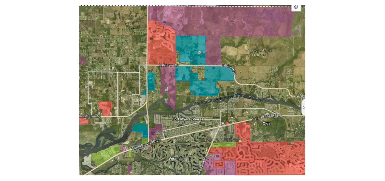 Color-coded map of approved and proposed developments around Verandah in east Lee County