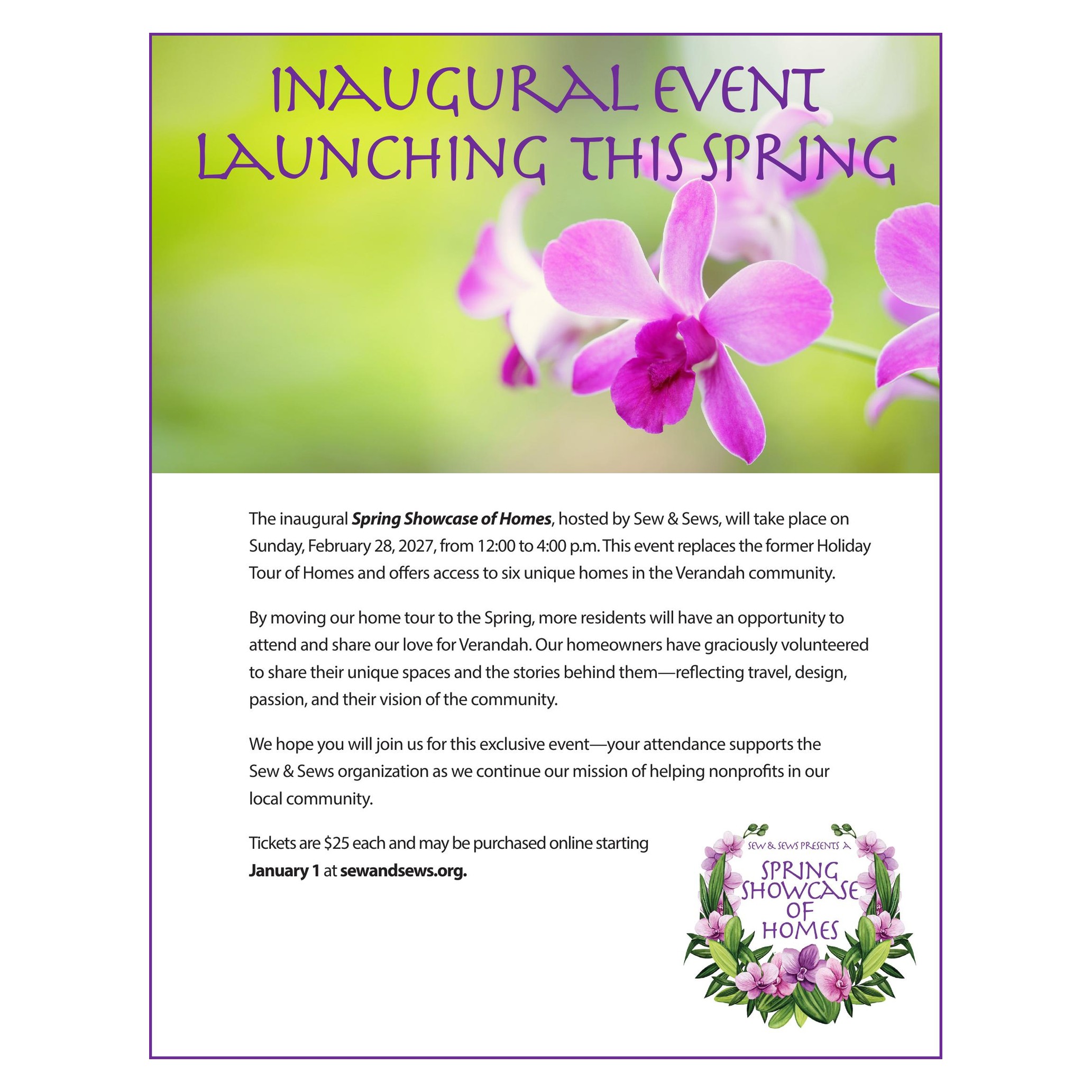 Spring Showcase of Homes inaugural event flyer hosted by Sew and Sews