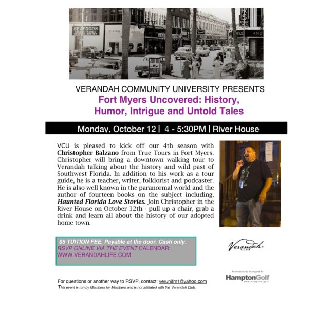 Verandah Community University flyer for Fort Myers Uncovered with Christopher Balzano