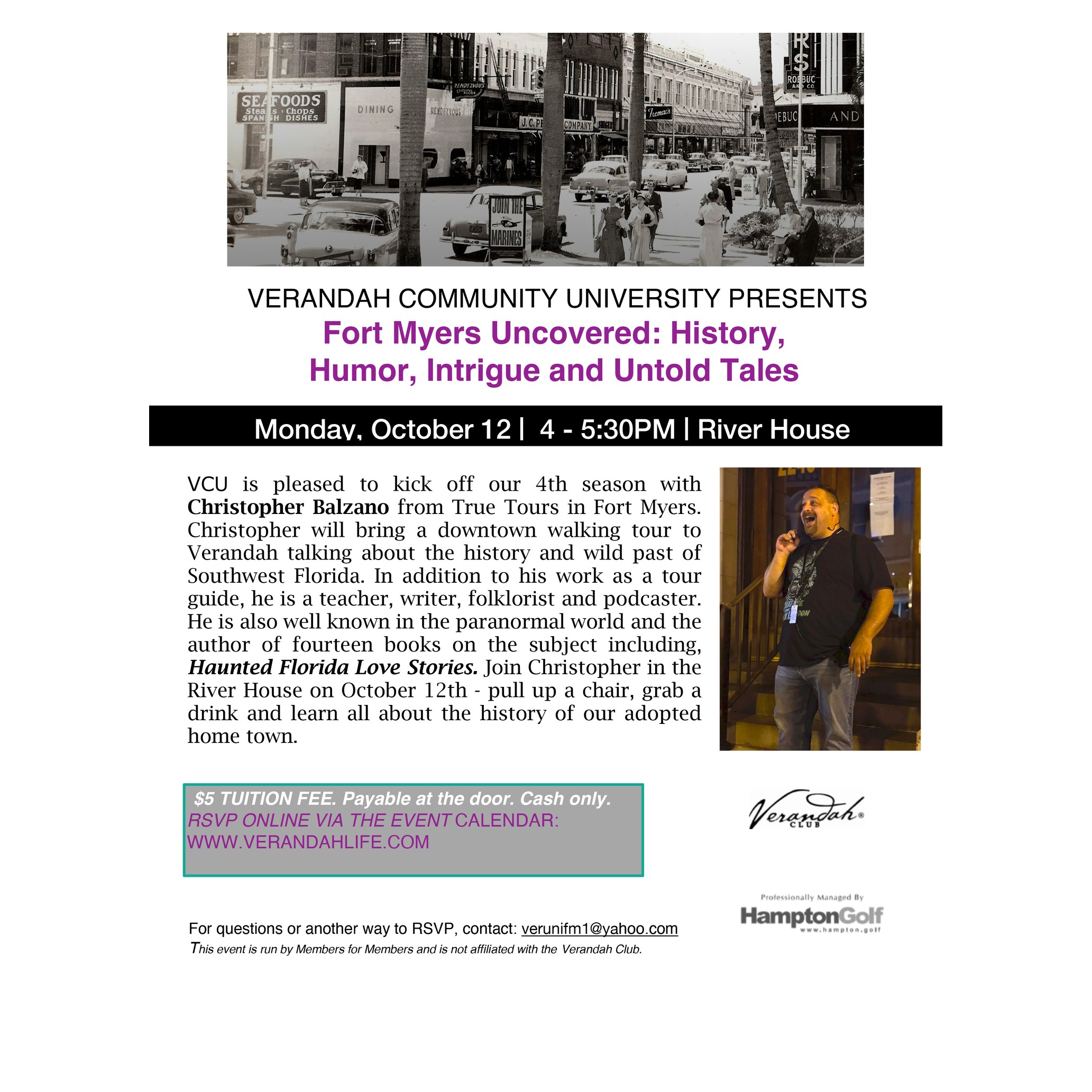Verandah Community University flyer for Fort Myers Uncovered with Christopher Balzano