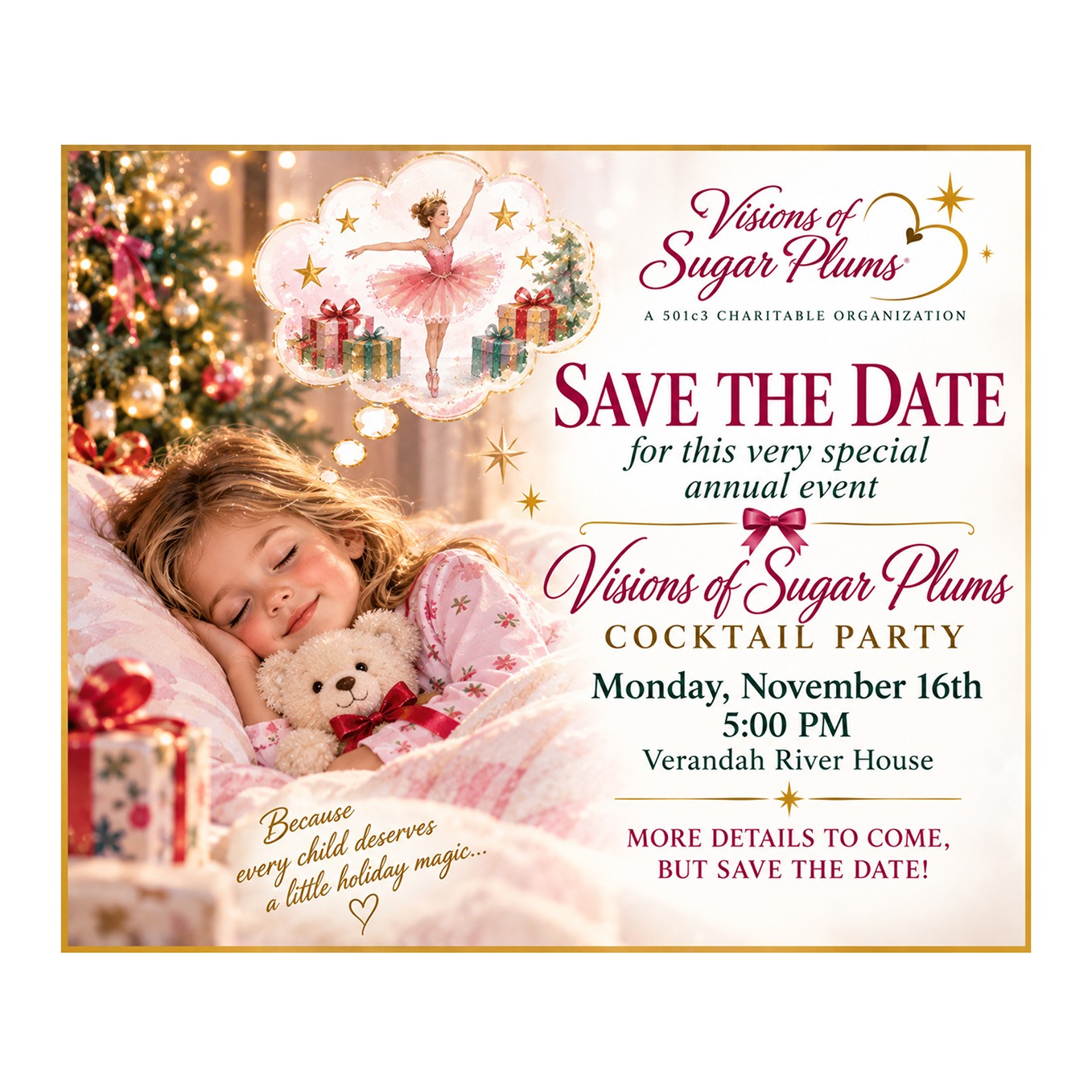Visions of Sugar Plums Cocktail Party save-the-date flyer