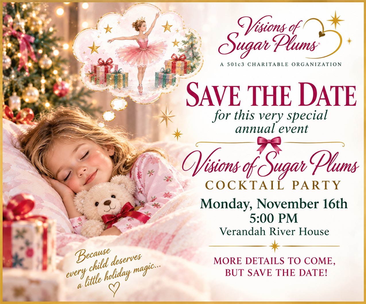 Save the date flyer for the Visions of Sugar Plums cocktail party on November 16