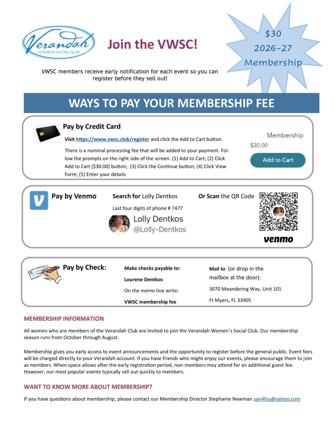 Verandah Womens Social Club membership flyer showing ways to pay the annual fee