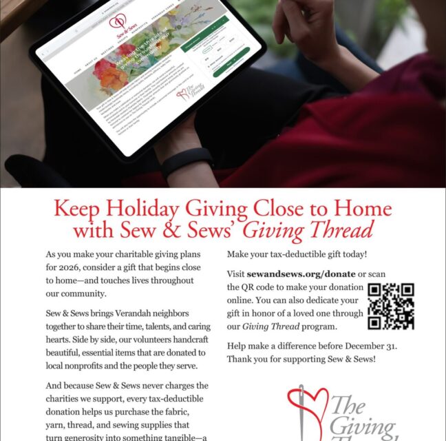 Sew and Sews Giving Thread flyer inviting tax-deductible holiday donations