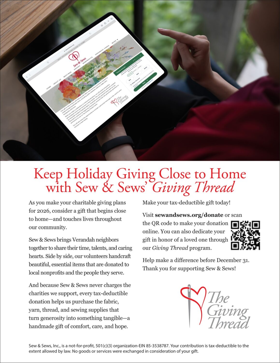 Sew and Sews Giving Thread flyer inviting tax-deductible holiday donations