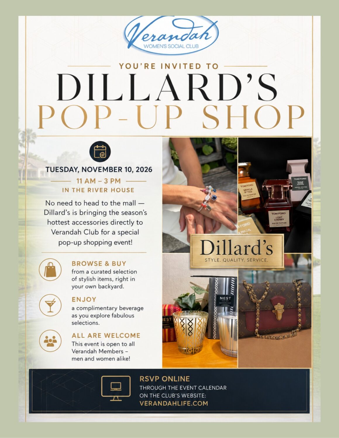 Dillards Pop-Up Shop flyer for November 10 at the Verandah River House